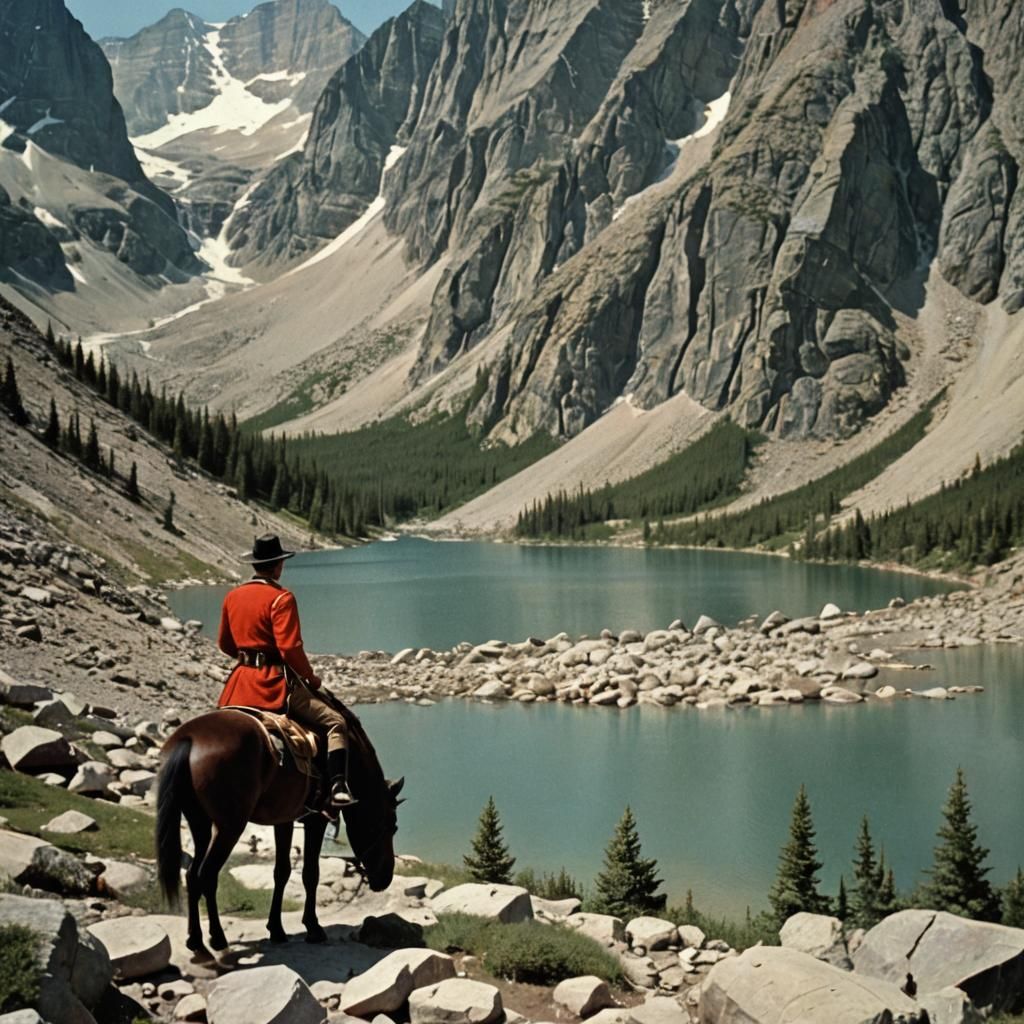 Mountie on Horseback in the Rockies: 1950s Photo