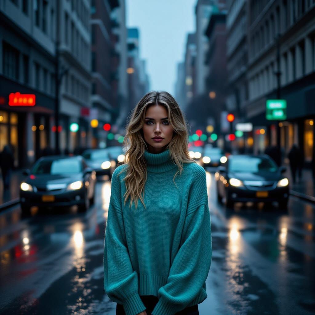 Woman in Mint Green Sweater in Rainy Neo-Noir City