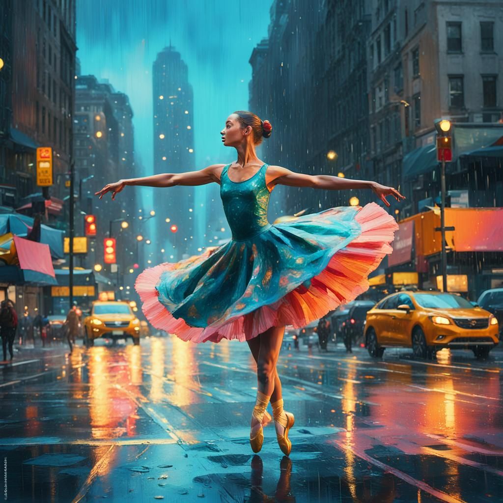 Ballerina Dancing in Rainy New York, Art Nouveau Style