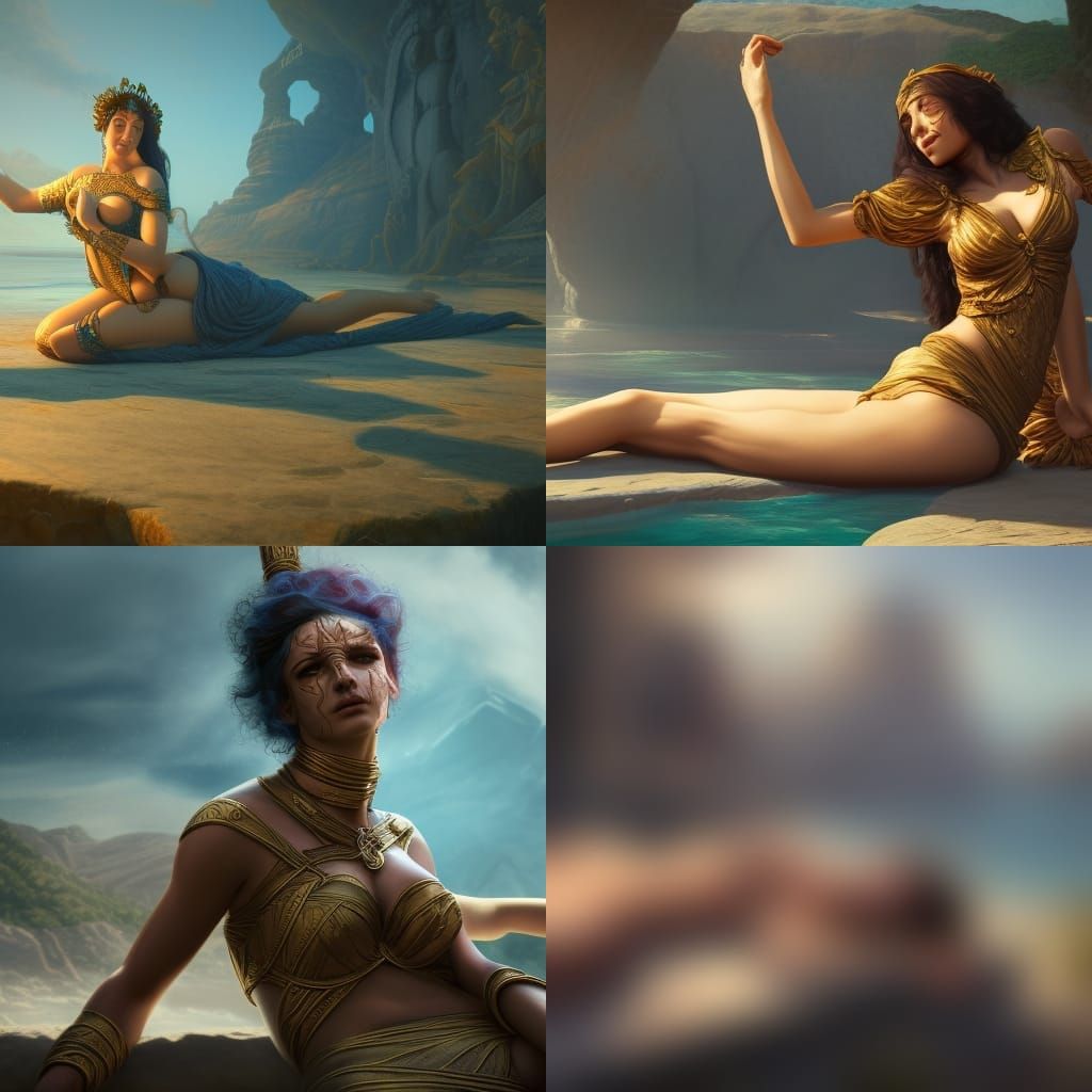 Ancient Greek Woman Sunbathing: Detailed Matte Painting