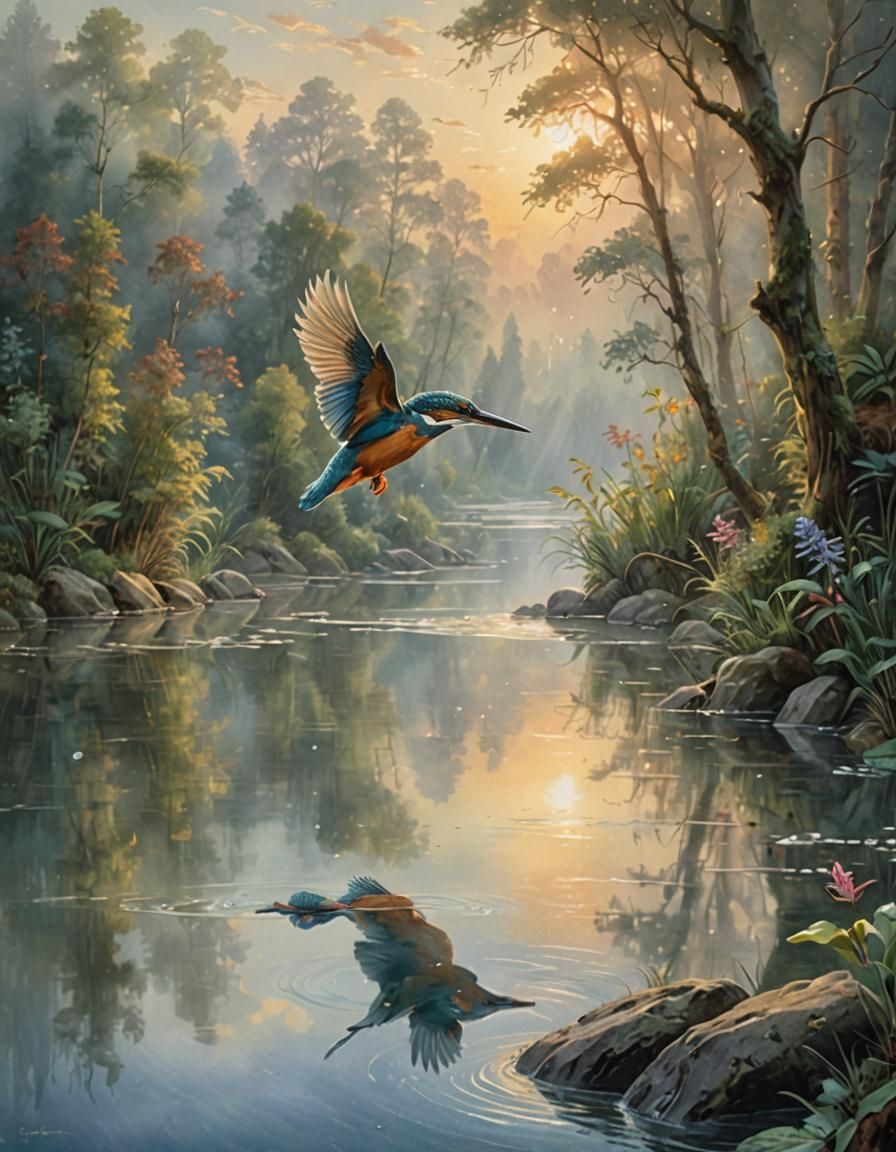 Kingfisher Dive: Watercolour River Scene