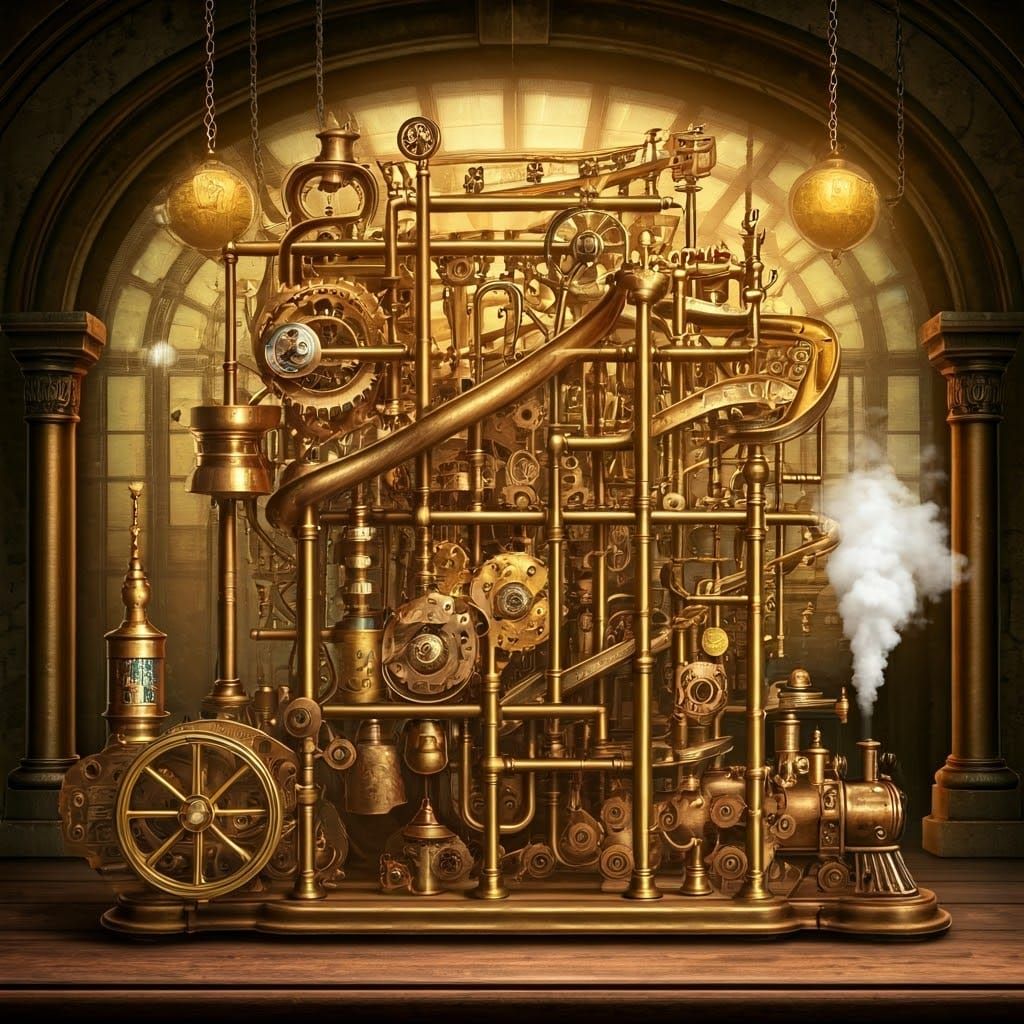 Steampunk Rube Goldberg Masterpiece with Intricate Clockwork...