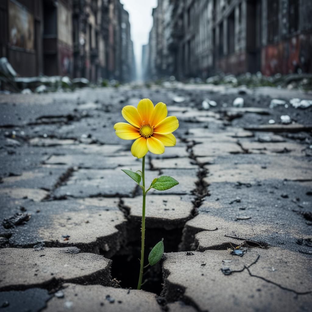 Resilient Flower Blooms in Post-Apocalyptic City