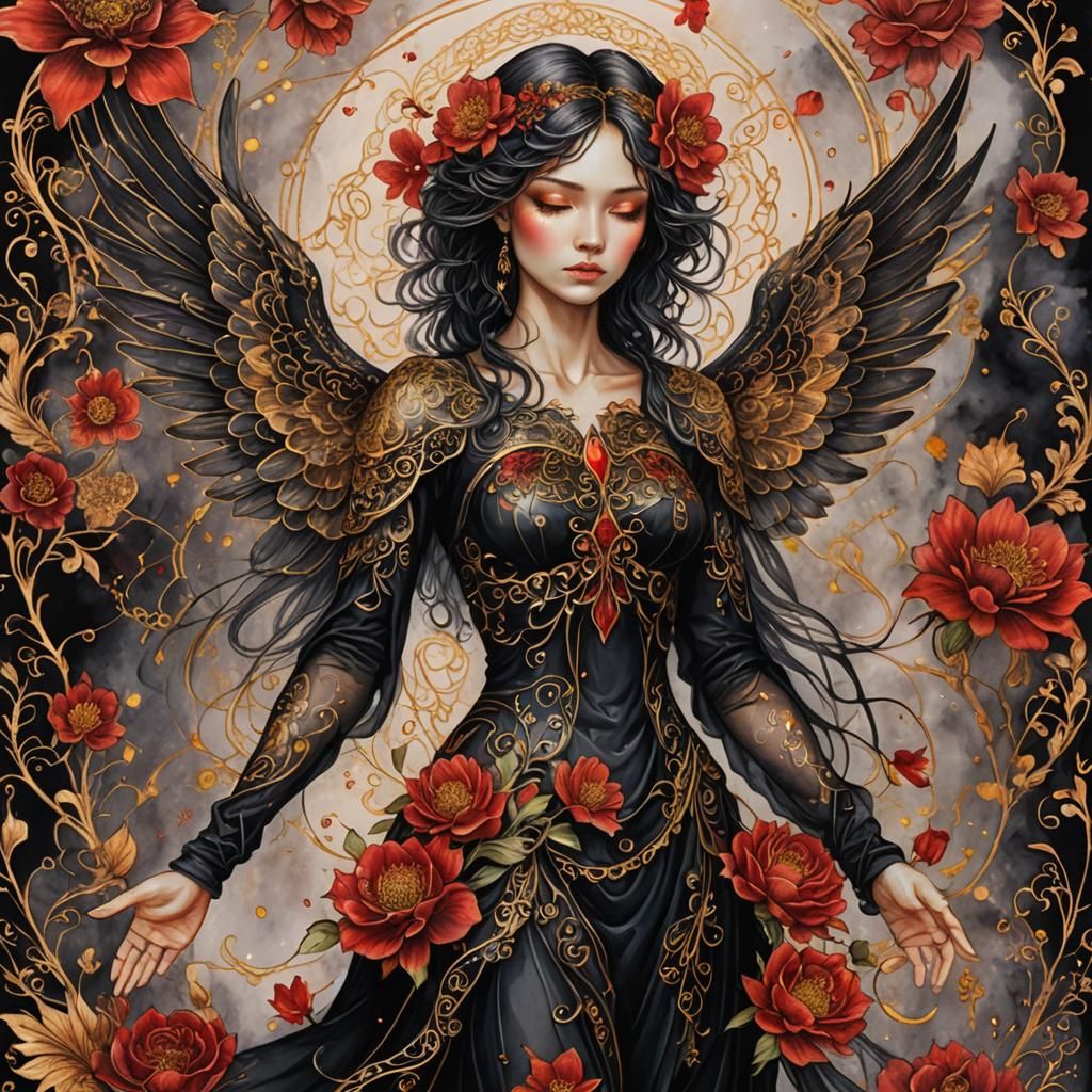 Floral Tattooed Black Angel in 3D