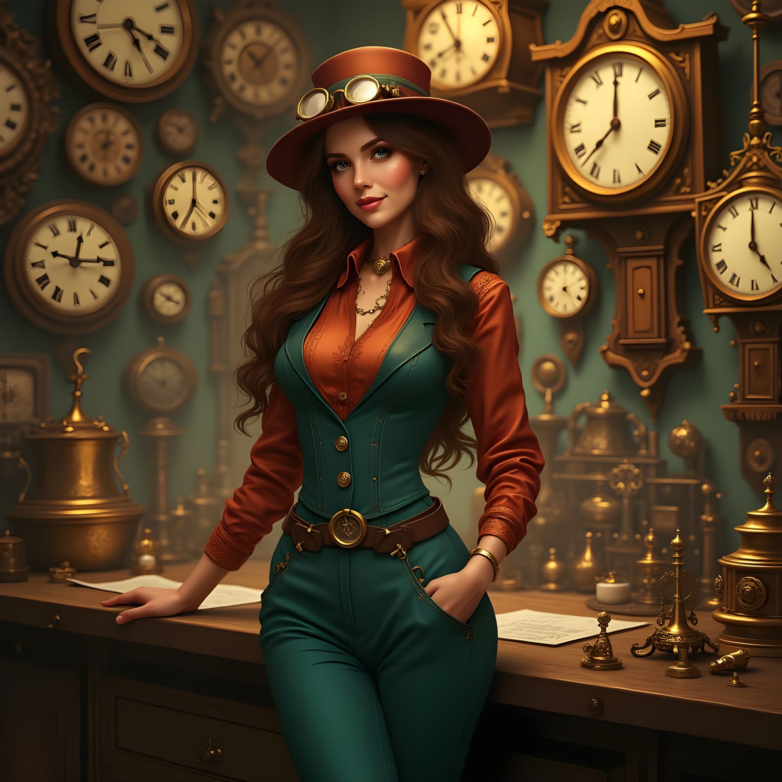 Steampunk Woman in Teal Blouse and Goggle Hat