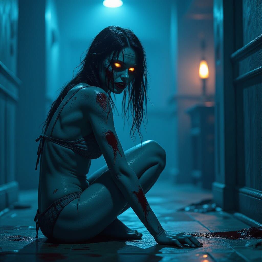 Cinematic Zombie Woman with Glowing Eyes