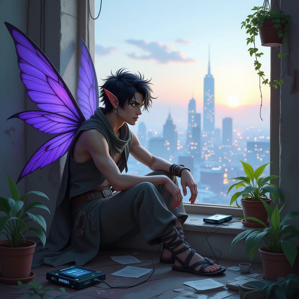 Pixie Gazing at Cyberpunk Cityscape at Dawn