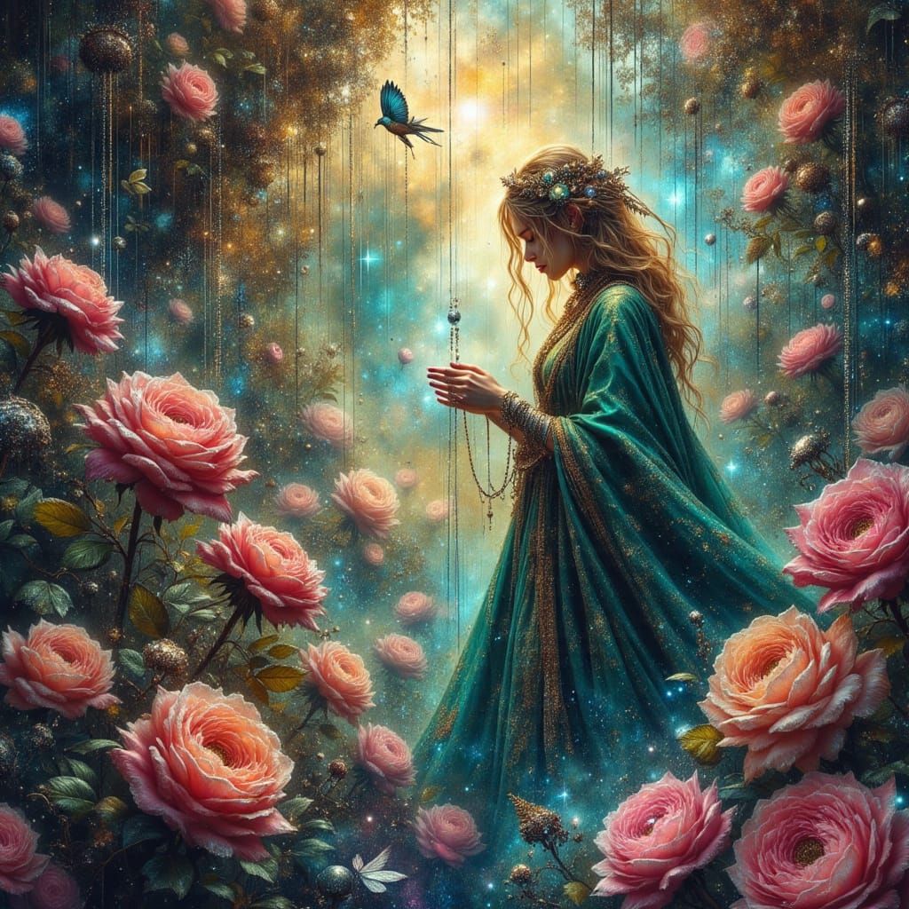 Celestial Explorer in Nebula with Stardust Roses