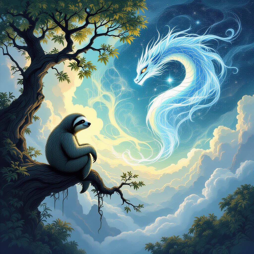 Sloth and Dragon in Cosmic Abyss, Line Art Style