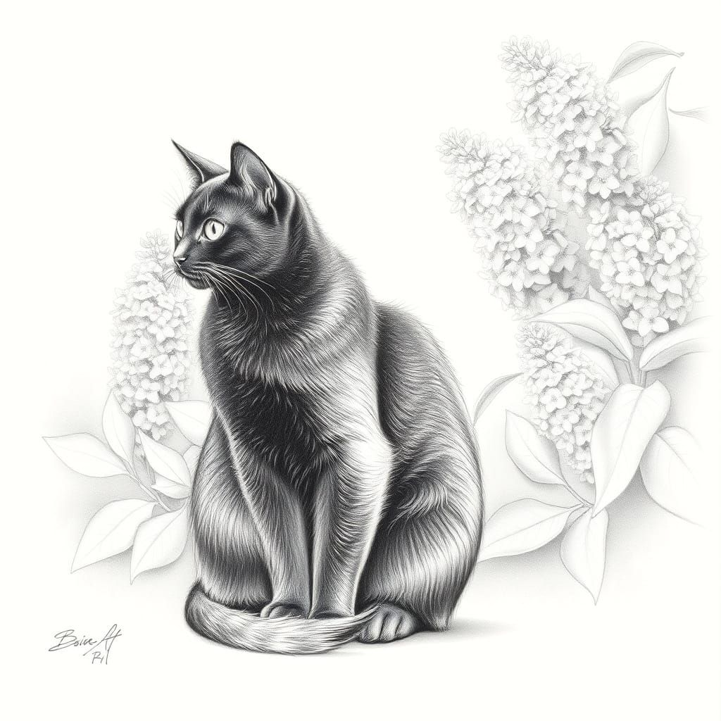 Elegant Black Cat Amidst Vibrant Lilac Blooms