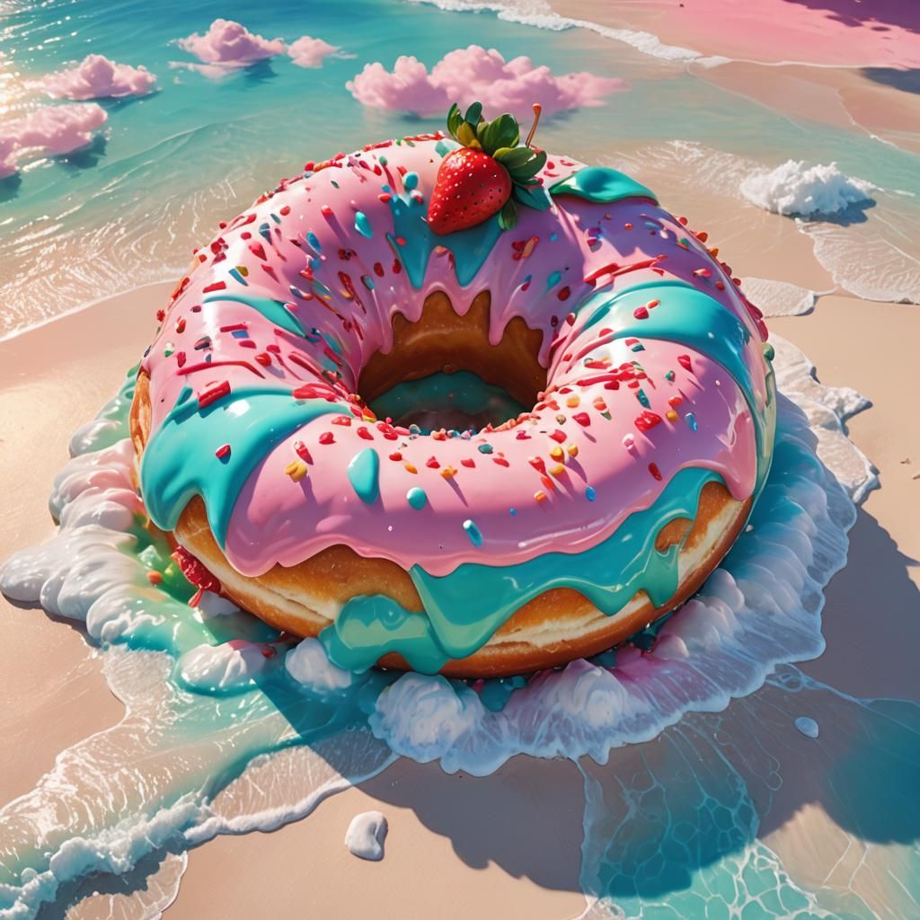 Giant Strawberry Donut Soars Above Caribbean Beach