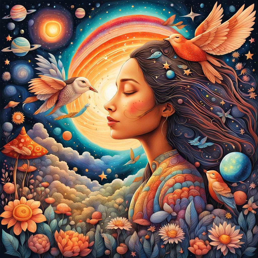 Dreamy Whimsical Girl Flies Through Galaxy