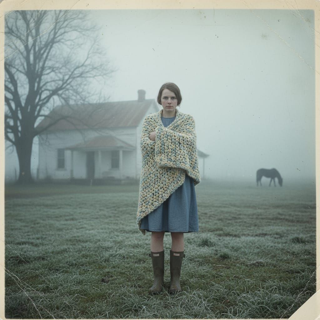Faded Photo of Woman at Misty Farmhouse