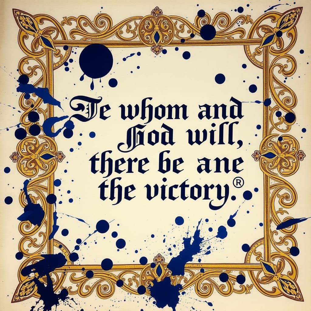 medieval manuscript "To whom God will, there be the victory" Shakespeare quote, ink splatter art