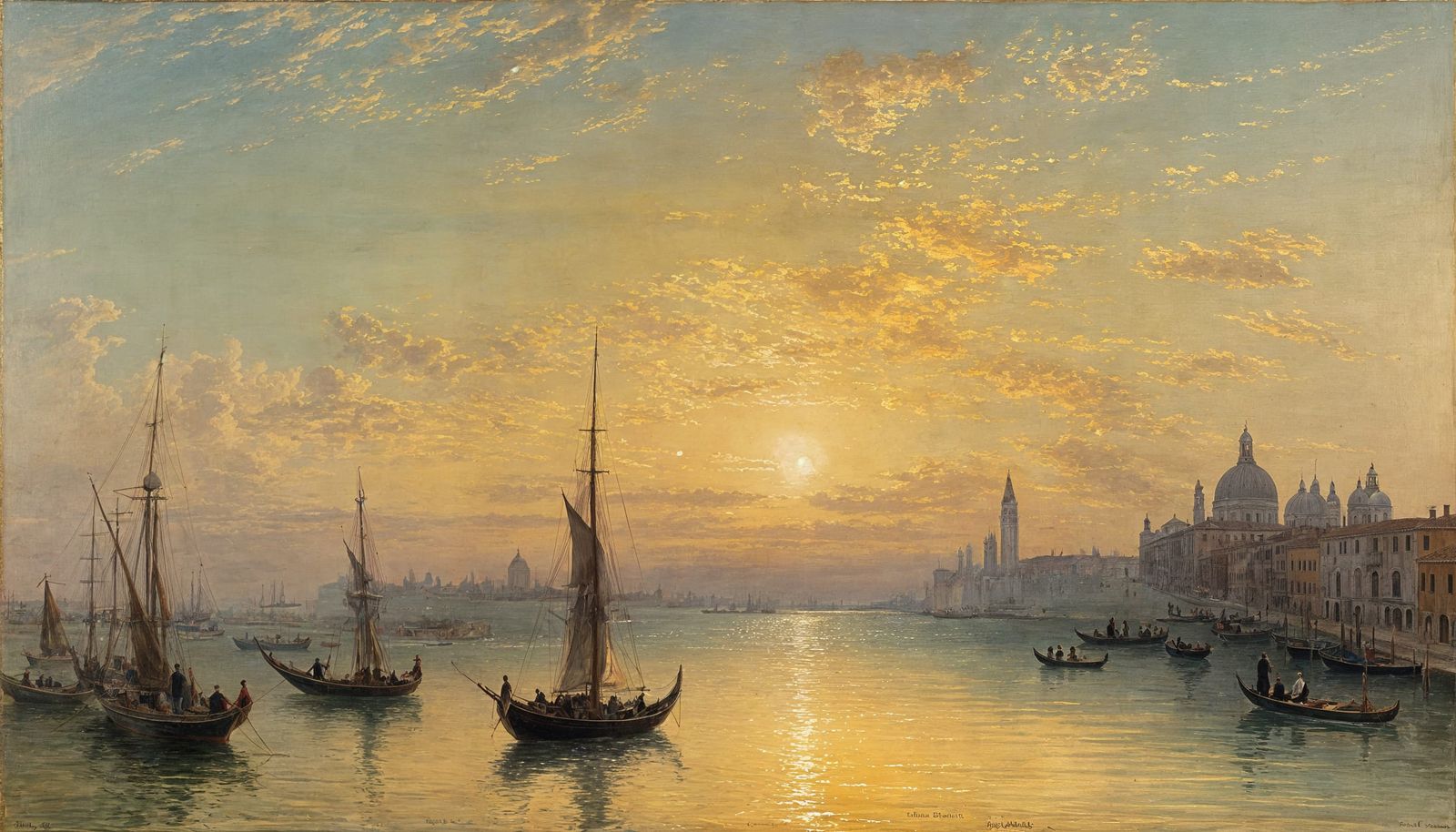 Serene Venetian Lagoon in Golden Light, Oil on Canvas Style....