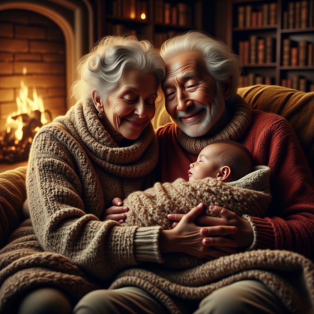 Grandparents Cradling Grandchild in Cozy Fantasy Setting