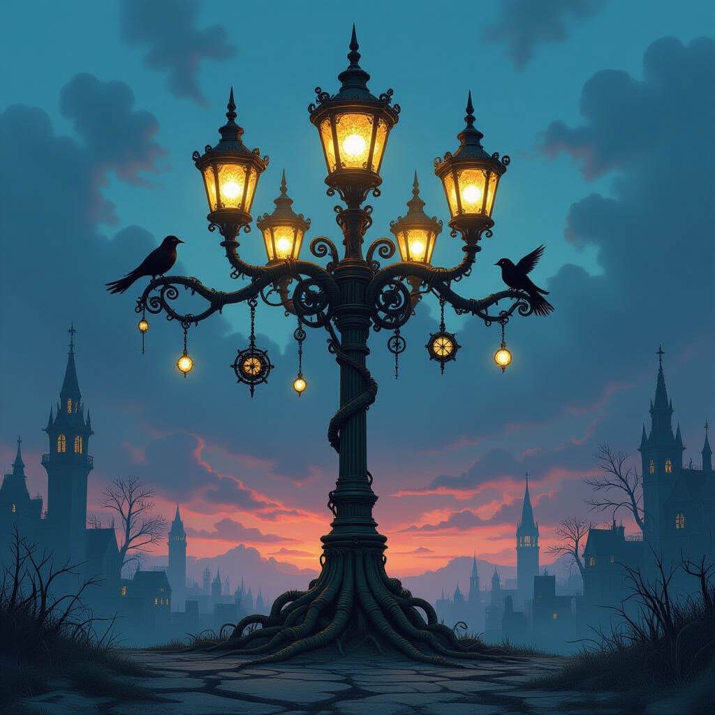 Ancient Gothic Street Lamp with Celestial Orbs