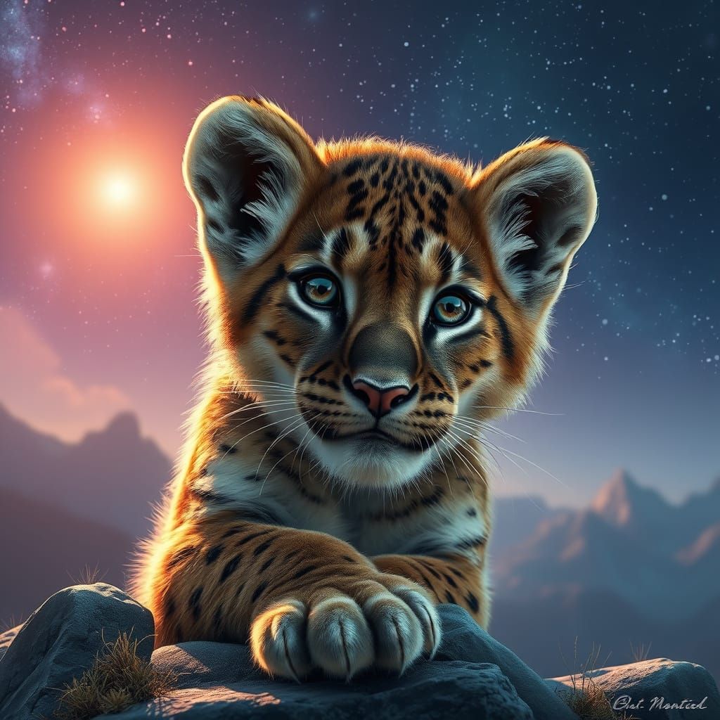 Mountain Lion Cub Under Starry Sky in Fantasy Art