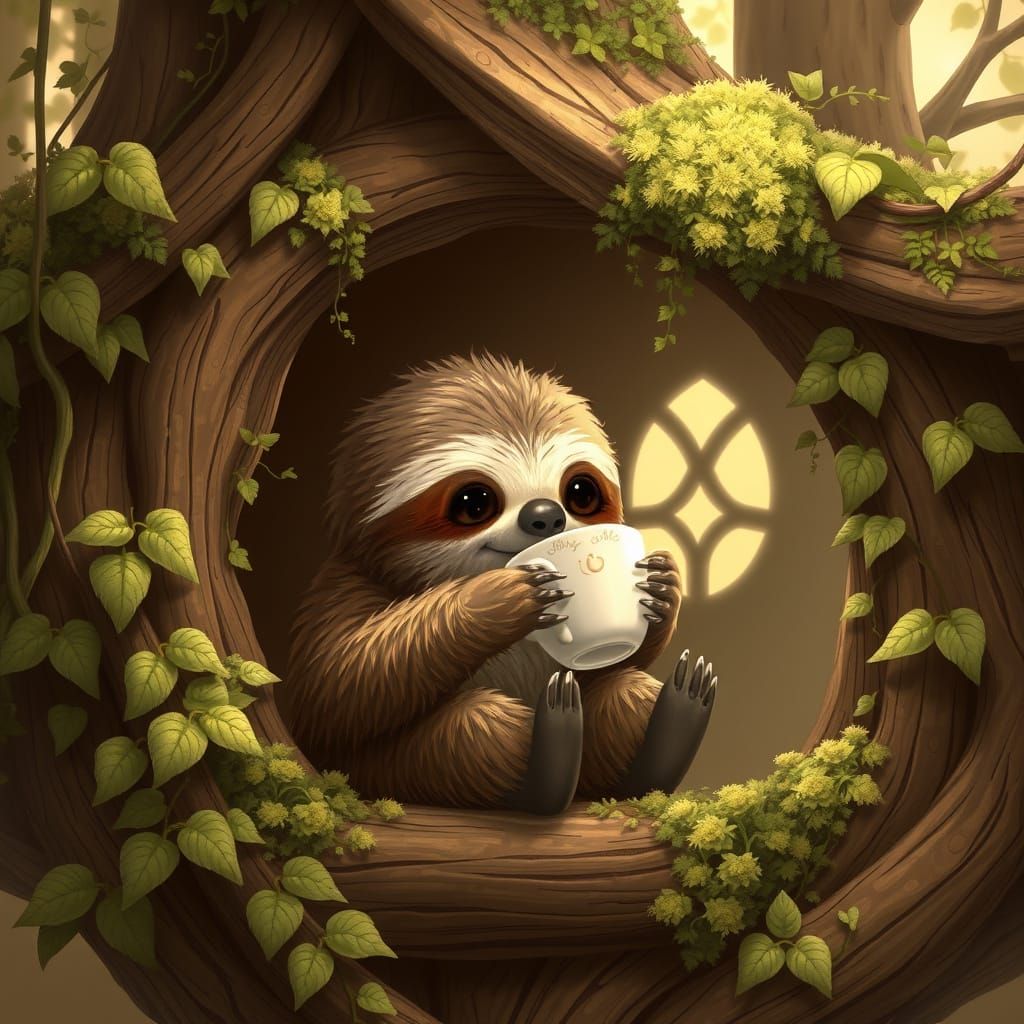 Kawaii Sloth Enjoys Tea in Overgrown Treehouse, Ghibli Inspi...