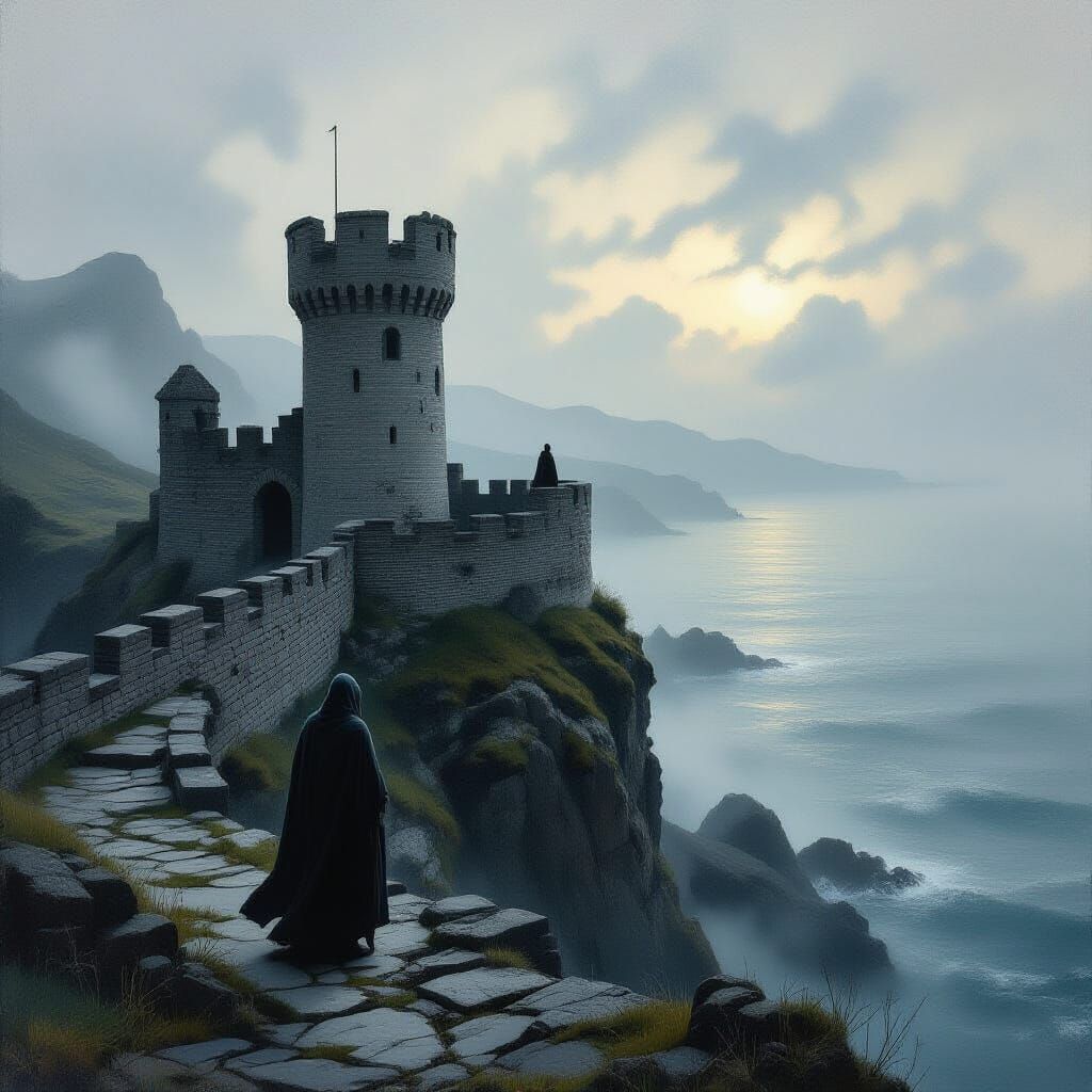 Ancient Castle on Rocky Outcrop, Solitary Figure Gazing at M...