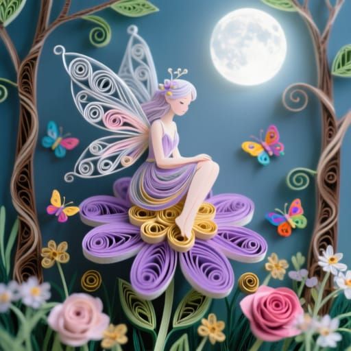 Flower Fairy Paper Quilling Art Under Moonlight