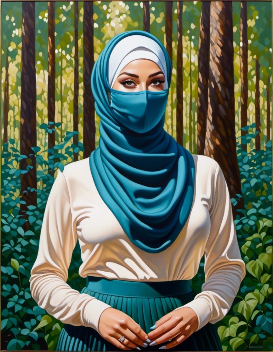 Woman in Hijab and Mask in Forest, Oil Painting