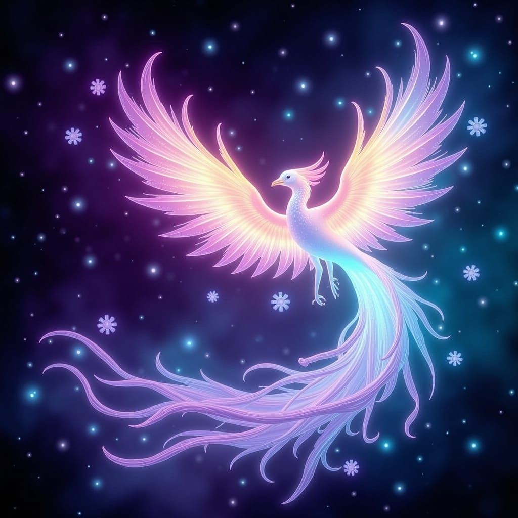 a magical light Phoenix flying through the galaxy, leaving beautiful designs behind it <lora:Flux Glow:1.0>