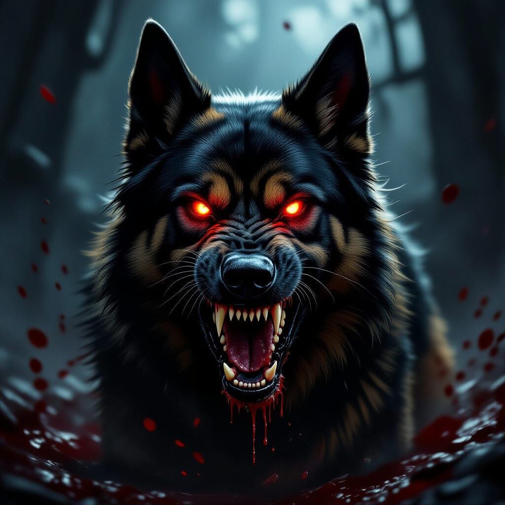 Ferocious German Shepherd with Glowing Red Eyes