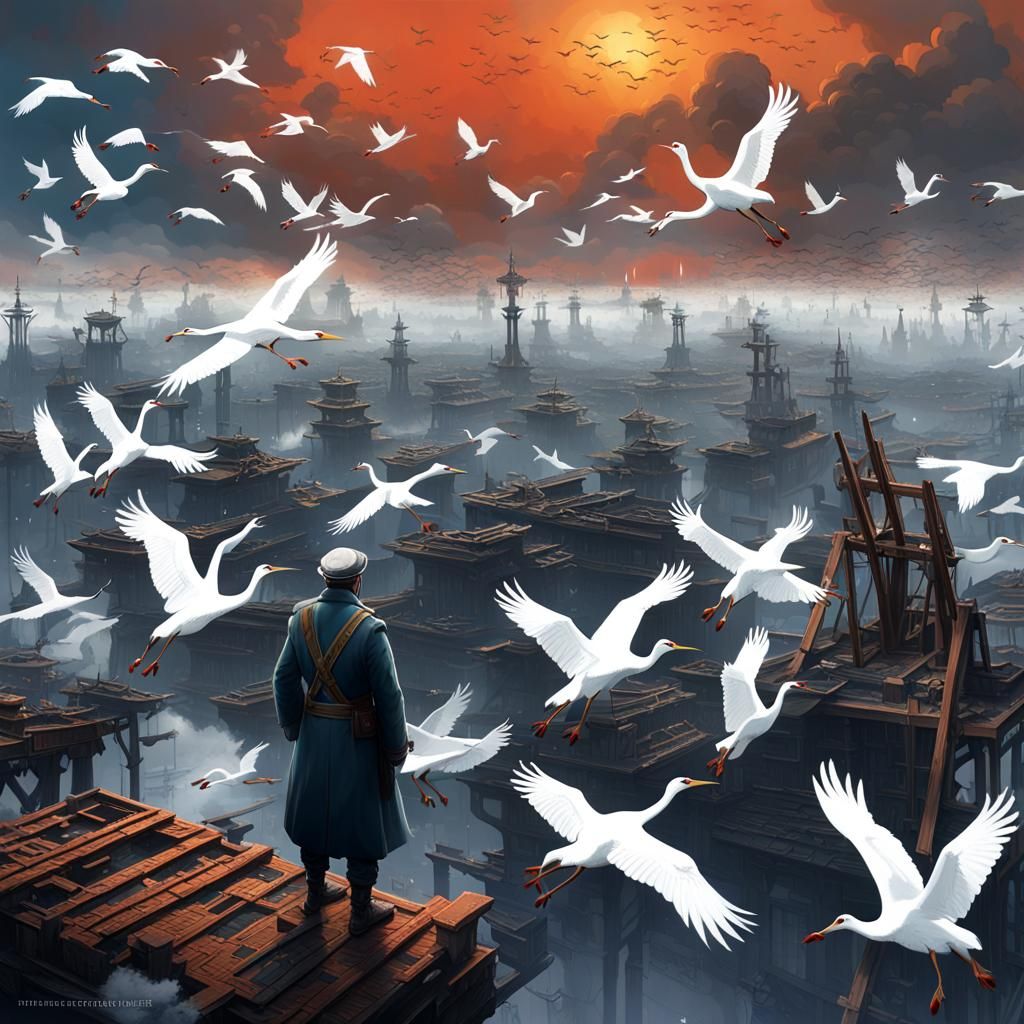 Man Watches Cranes: Memorial Art in Deep Color