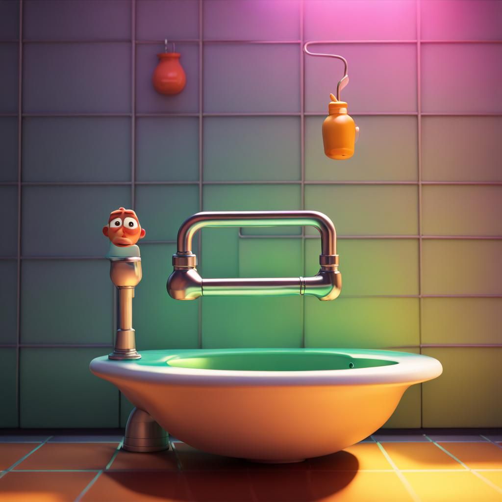 Pixar Character Urinating in a Sink: 3D Digital Art