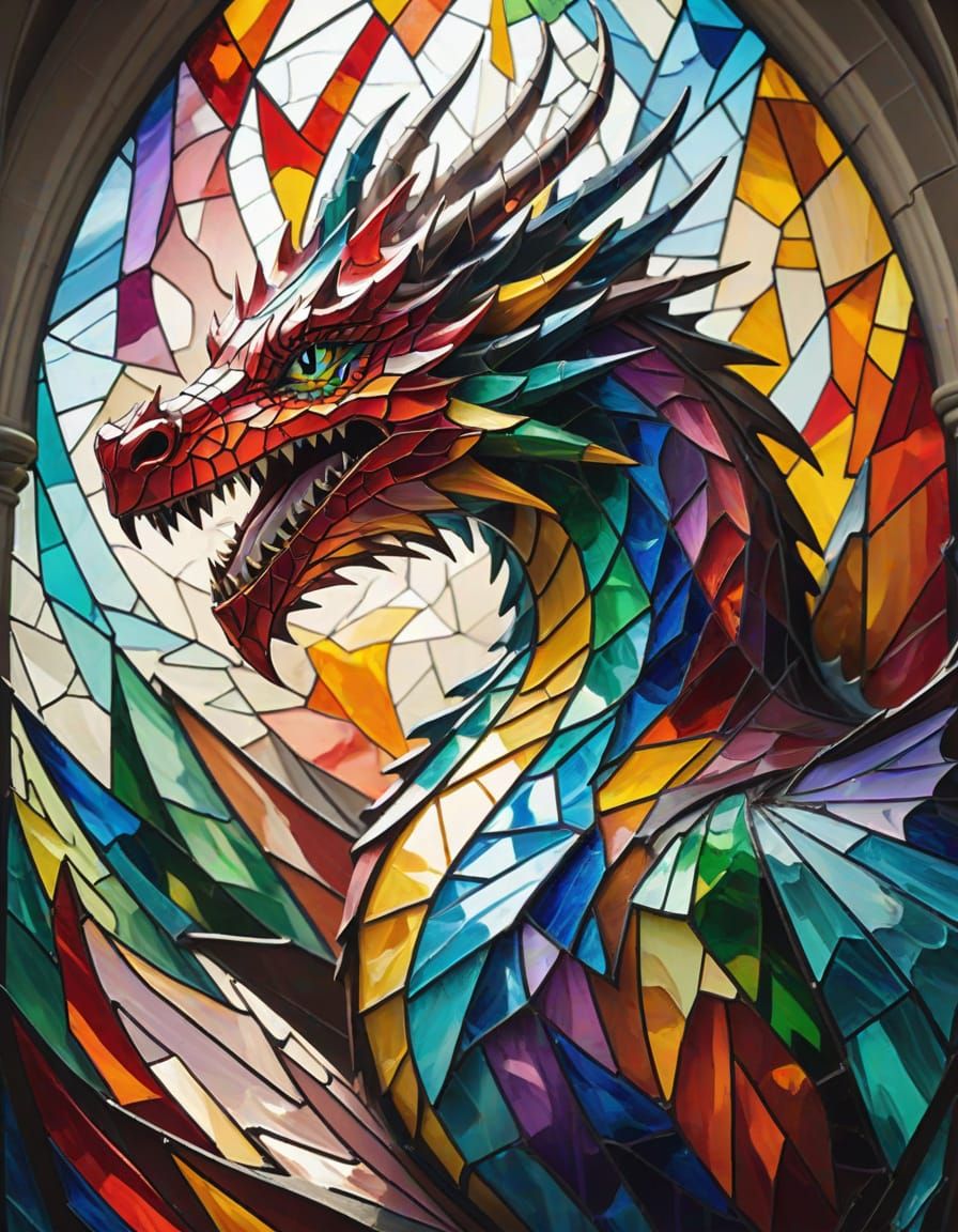 Shattering Stained-Glass Dragon in Cathedral: Surreal Oil Pa...
