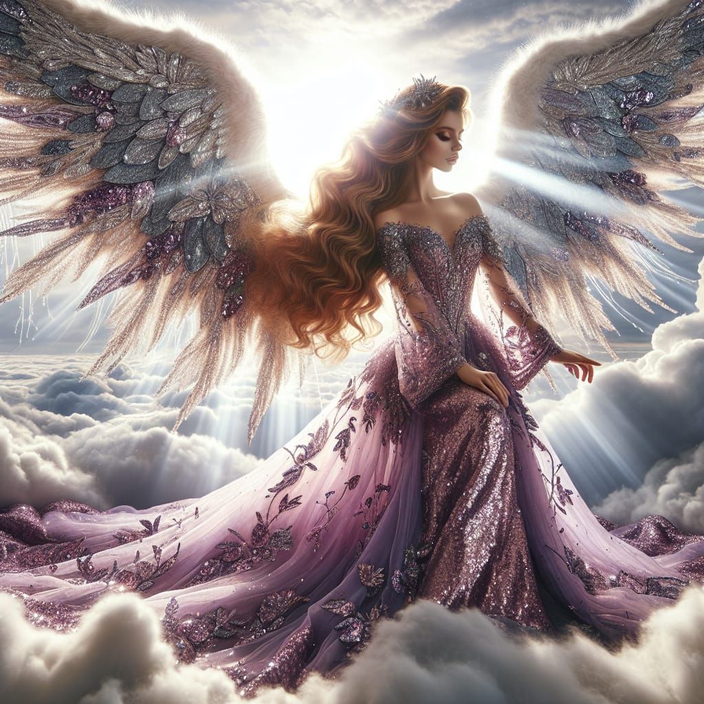 Angel in Purple Gown with Patchwork Wings