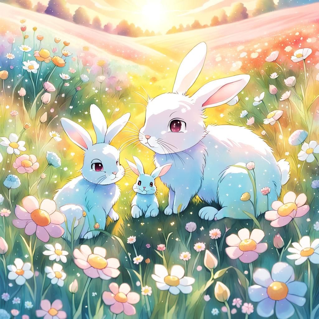 Adorable Bunnies Play in Sunny Anime Flower Field