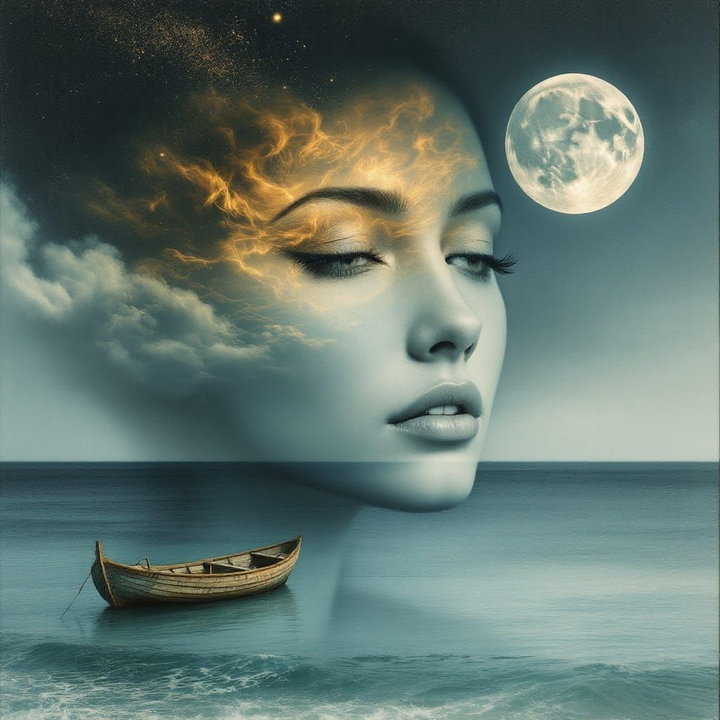 Surreal Nighttime Seascape with Female Figure and Majestic M...