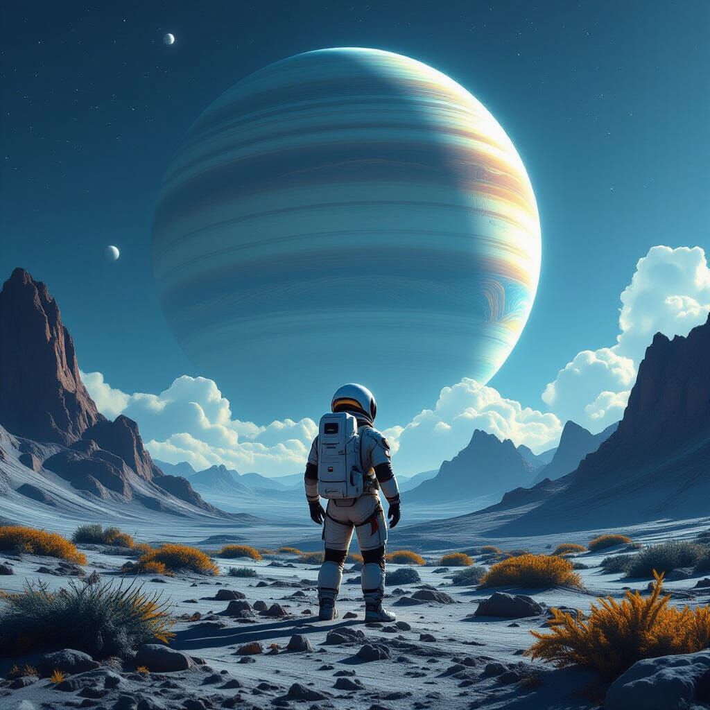 Astronaut on Alien Planet Gazing at Ringed Gas Giant