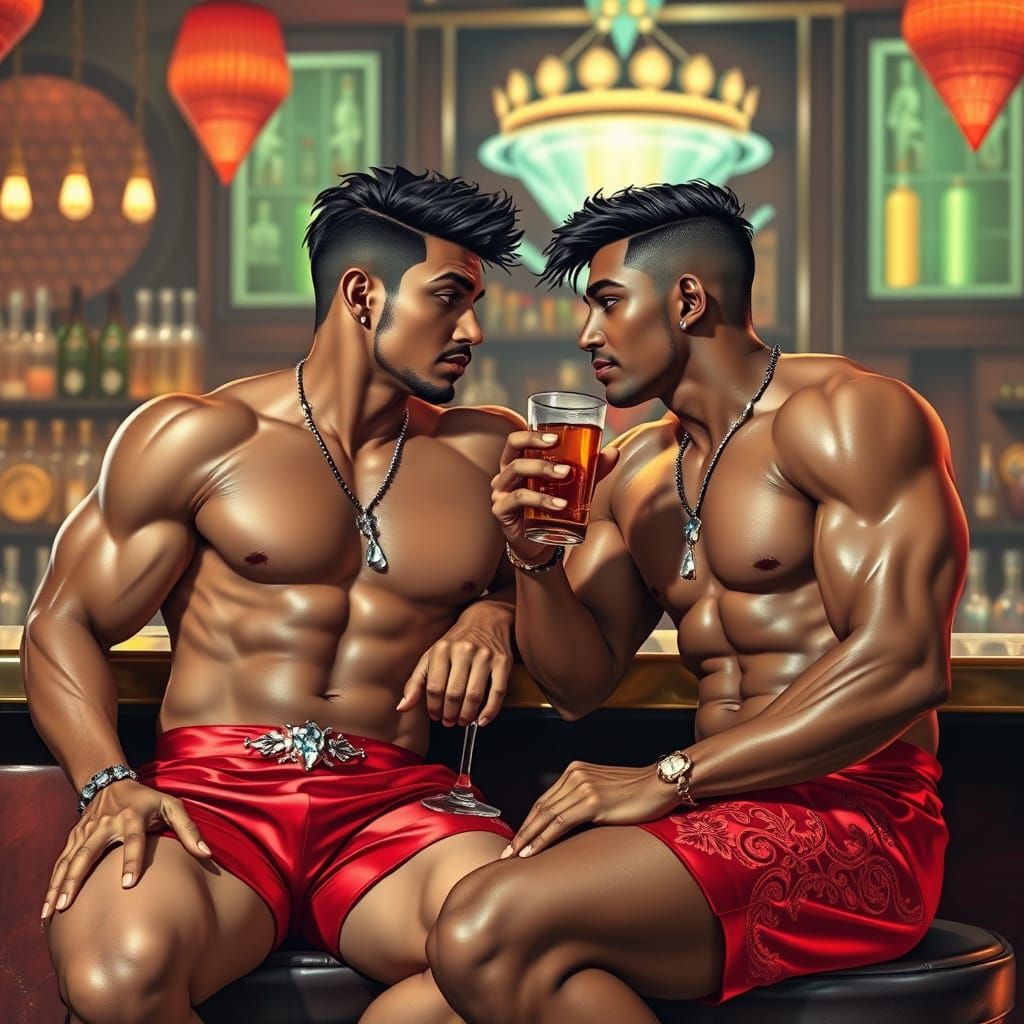 Two Handsome Men in a Bar, in Romantic Style