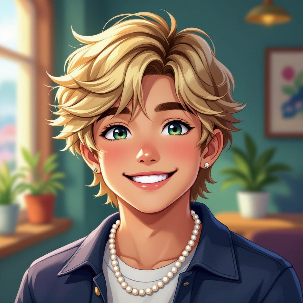Smiling Blond Boy with Pearl Necklace in Anime Style