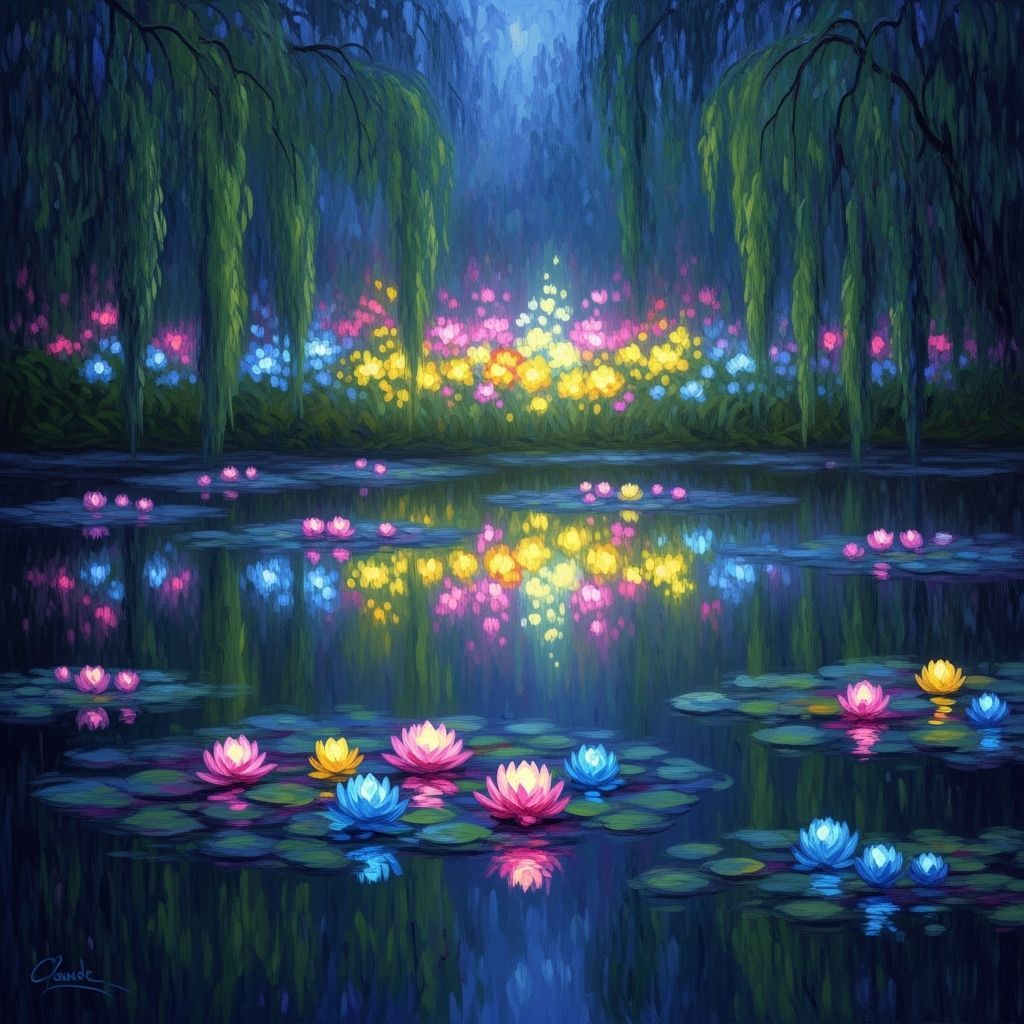 Dreamy Night Garden with Glowing Flowers and Water Reflectio...