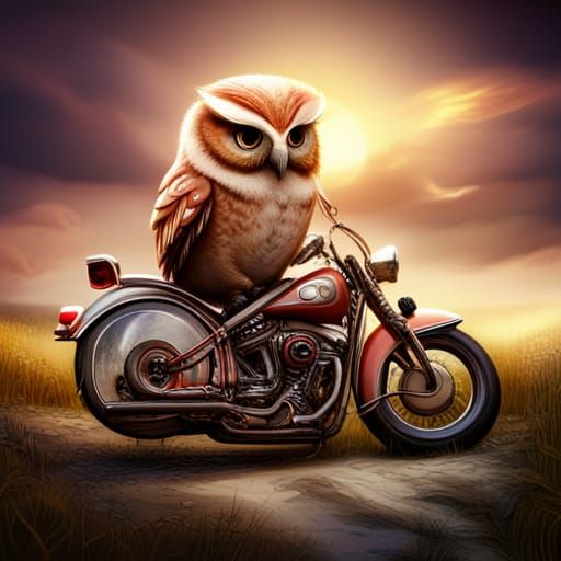 Baby Owl on Motorcycle: Detailed Digital Matte Painting