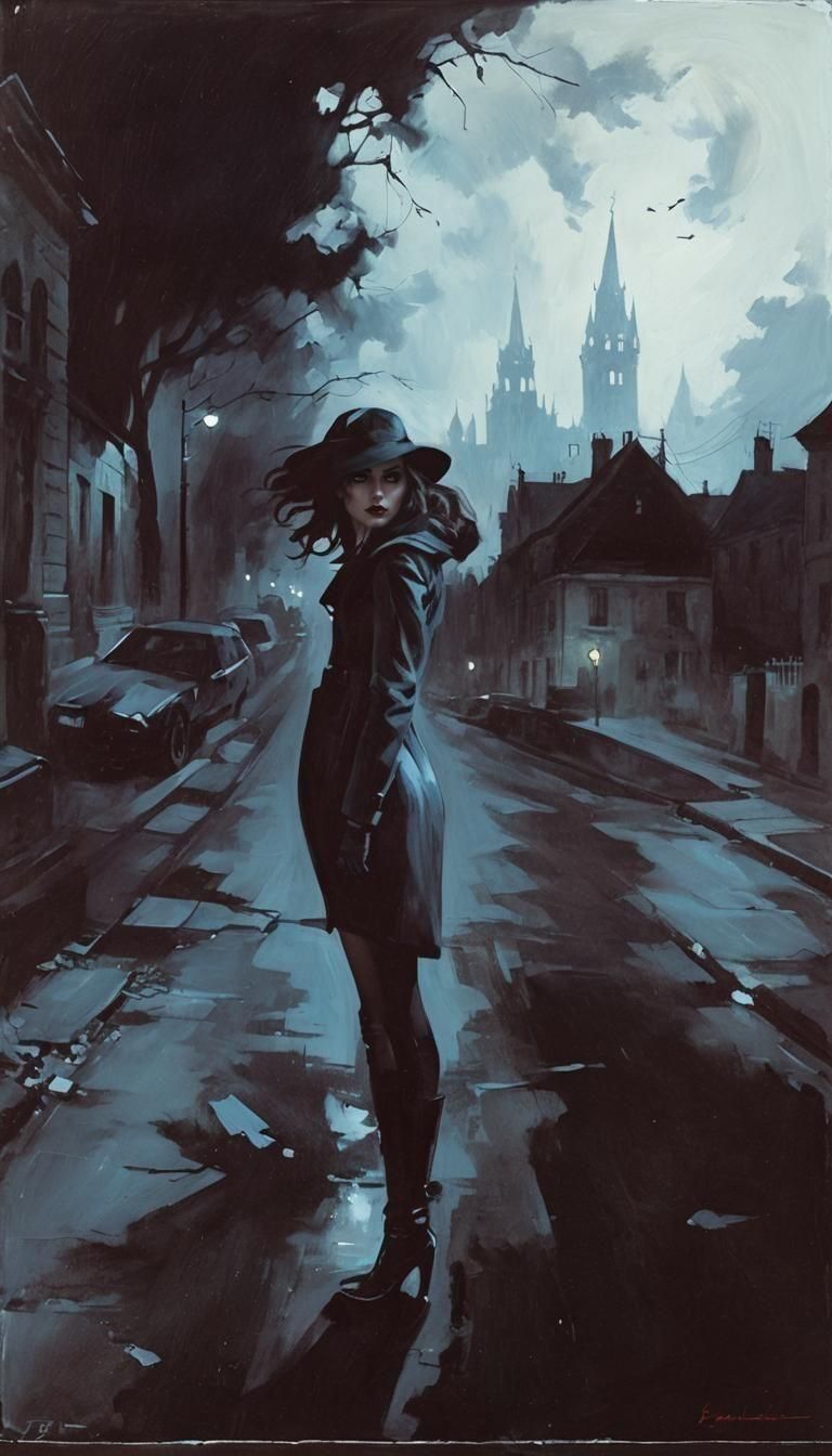 Noir Heroine in Empty Gothic Street Painting