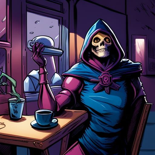 Skeletor in Cafe: Comic Book Art