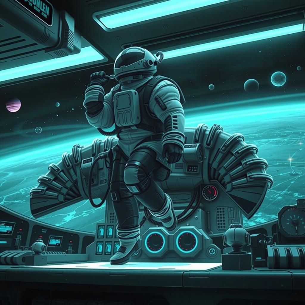 Astronaut in Control Room with Planetary View