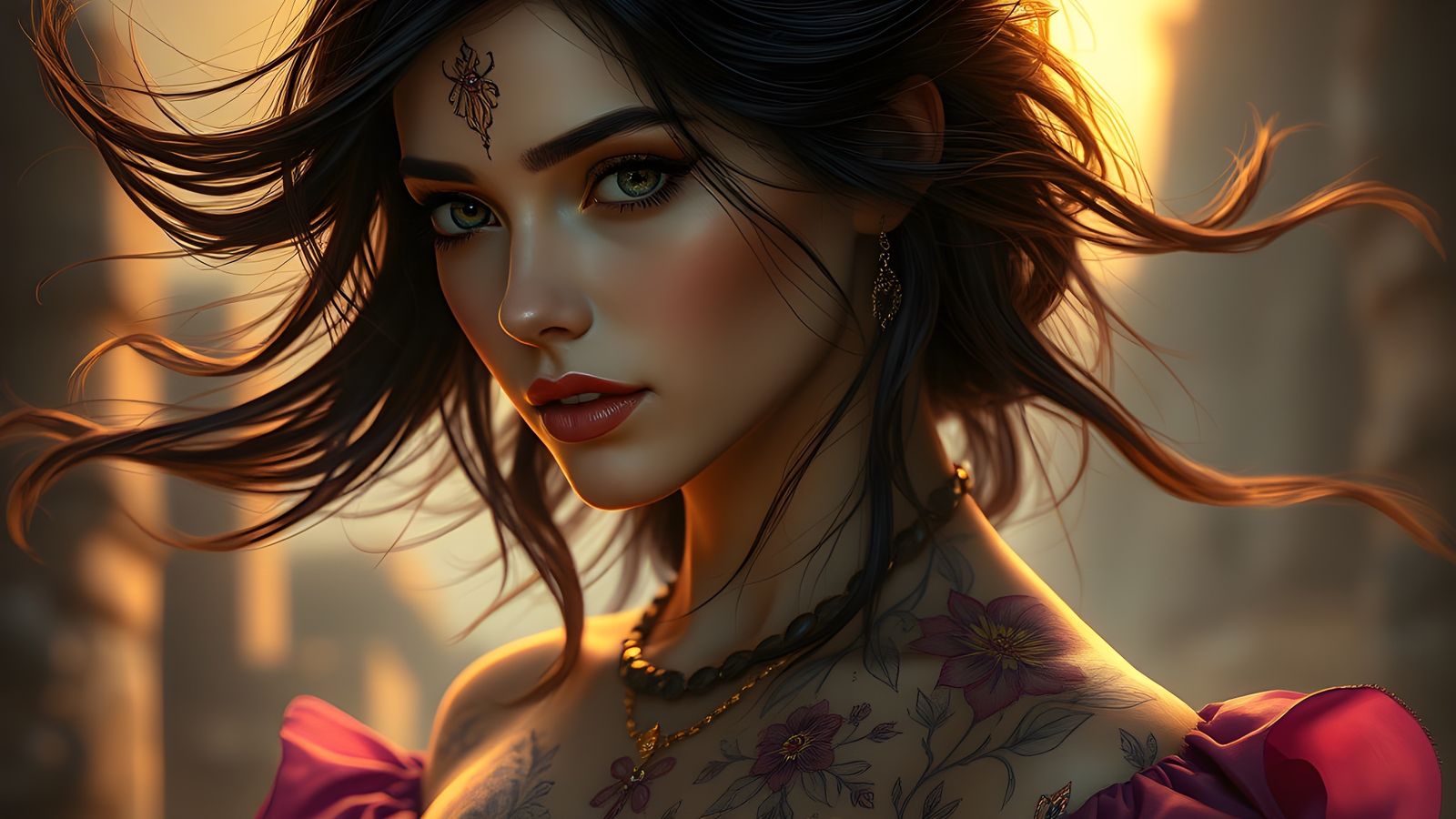 Ethereal Woman with Floral Tattoos: Digital Masterpiece