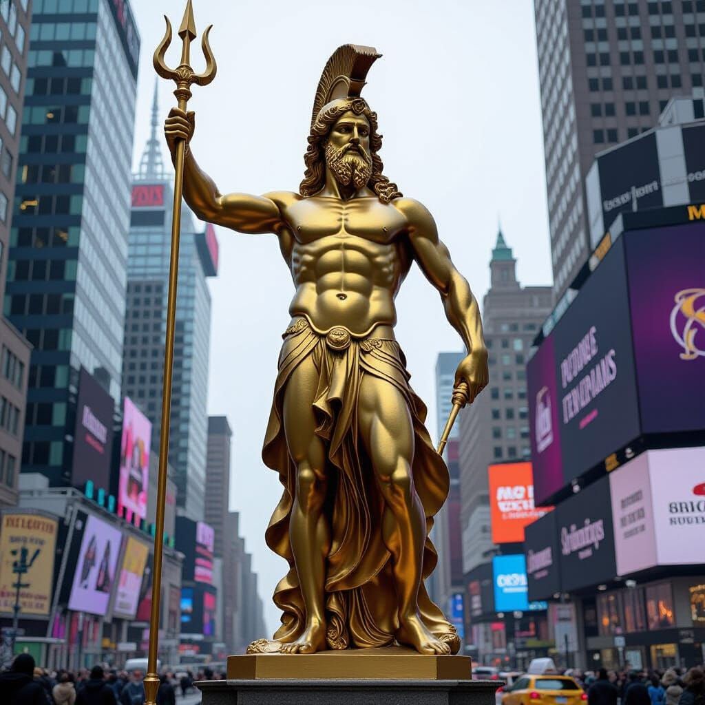 Gold Poseidon Statue Dominates Times Square