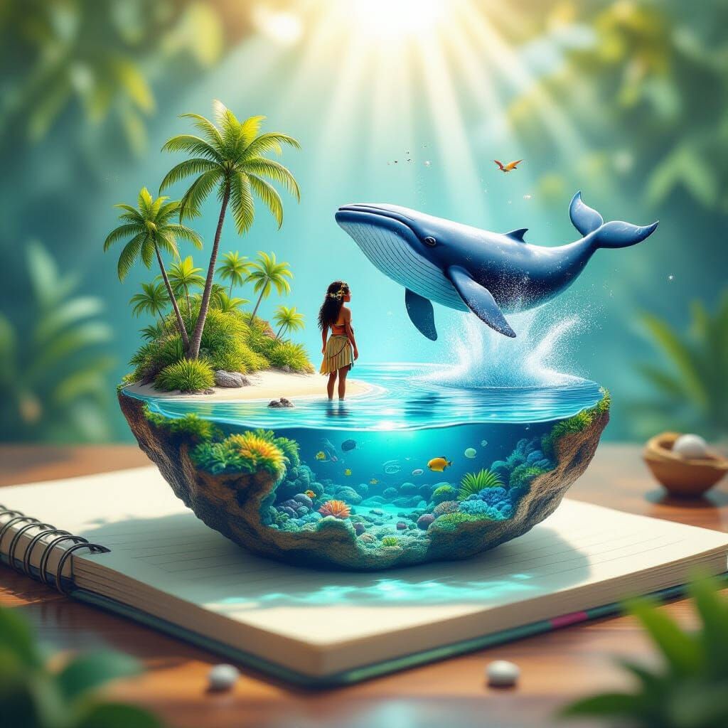 Microscopic Tropical Island Diorama with Tribal Girl and Wha...