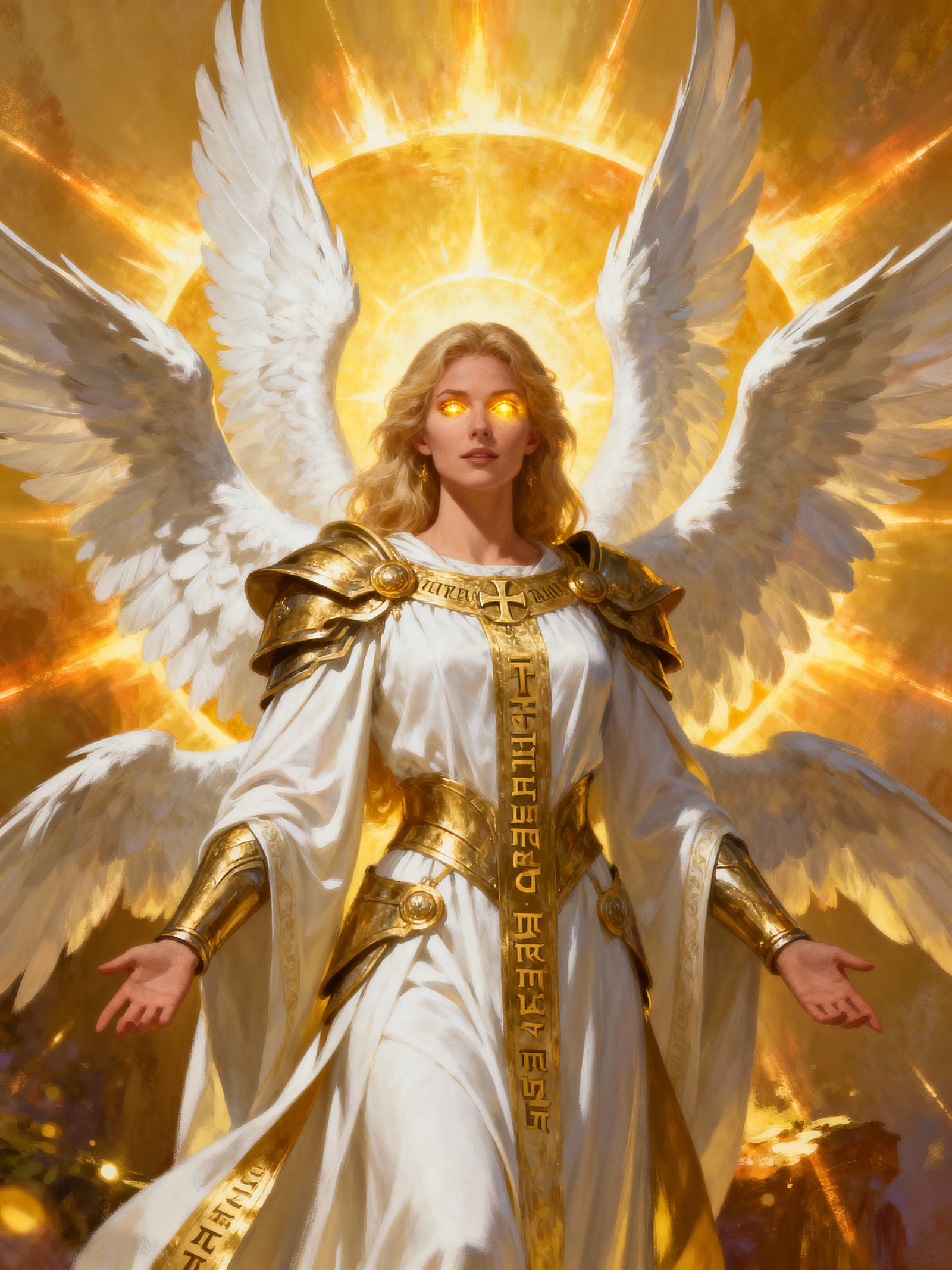 Solar Angel Warrior with Golden Light and White Wings