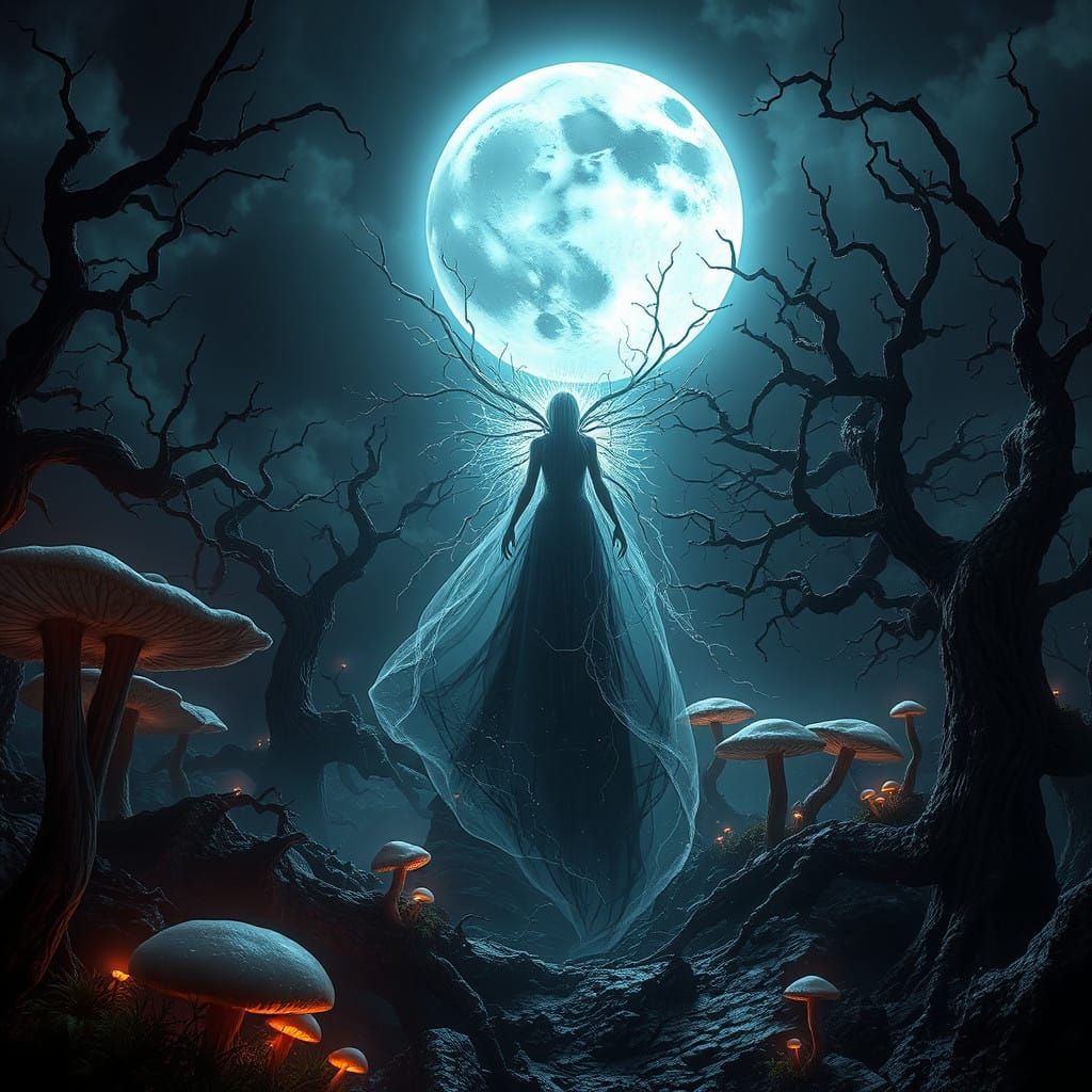 Ethereal Moon Maiden in a Dark, Haunting Landscape