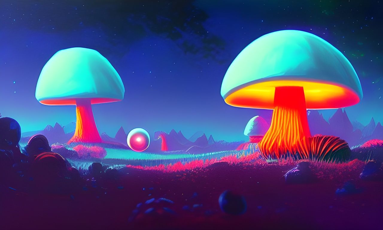 Bioluminescent Mushroom Fantasy Landscape in Space