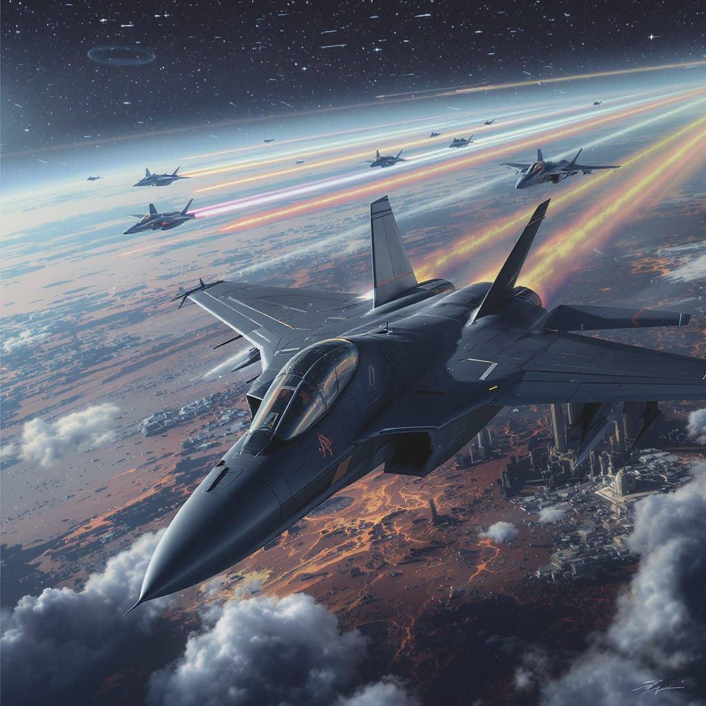 Futuristic Jets Soar Over Alien Planet in Digital Art