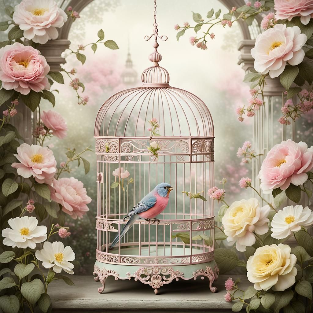 Dreamy Birdcage Surrounded by Flowers: Symbol of Freedom
